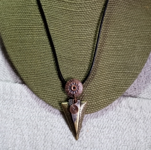 Coppertone goldtone silvertone triangle pendant black cord necklace - Picture 1 of 6